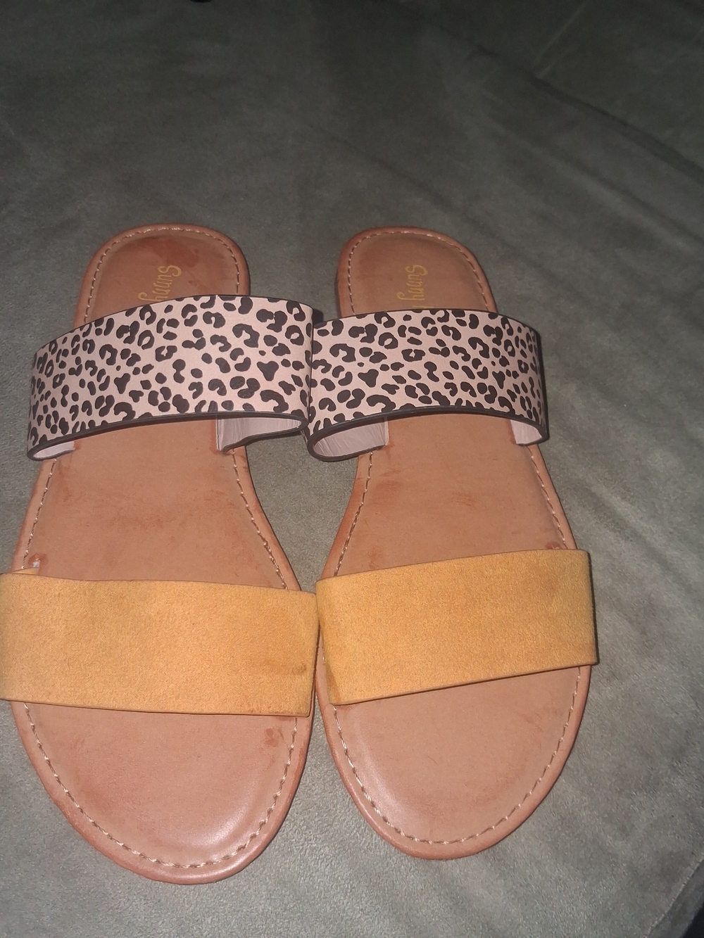 Women's Two-Band Slide Sandals in Pink Leopard & Mustard